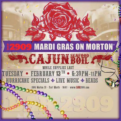 Join us for our annual Mardi Gras on Morton Fat Tuesday Cajun Seafood Boil & Mardi Gras Celebration!