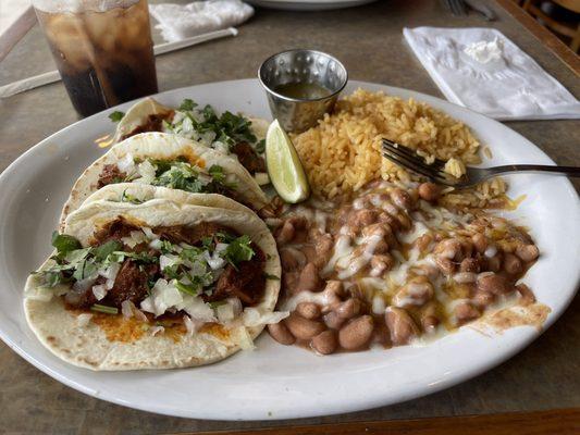 Street tacos Barbacoa, rice and beans.