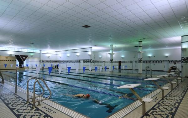 2 Pools - 
 The shallow and warmer pool is 2'6" to 3'6".  
 The deeper pool is 3'6" to 9' diving depth.  
 Schedule:  www.SaginawYMCA.org