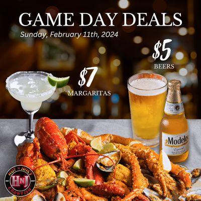 Join us for THE BIG GAME February 11th for $5 Beers and $7 Margaritas!