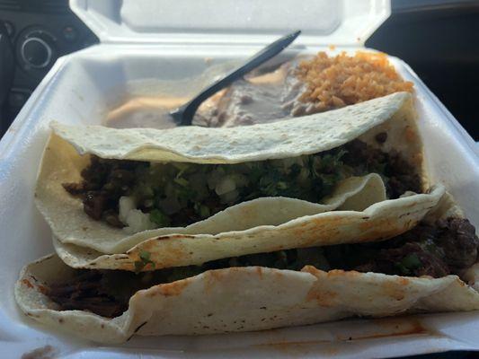 Carne Asada taco ,  barbacoa tacos, rice & beans