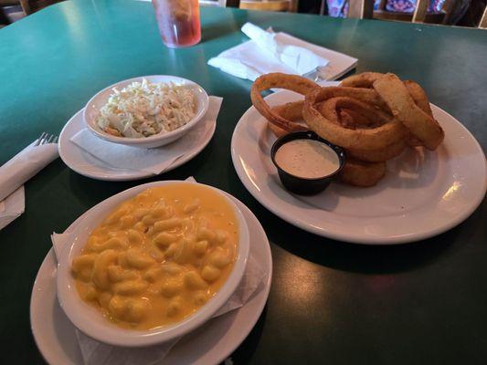 Loved the apps! Coleslaw, onion rings were hot and crispy, and very creamy mac and cheese.