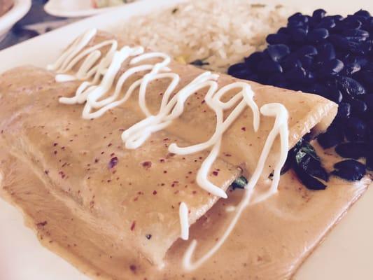 Spinach enchiladas, black beans and rice.