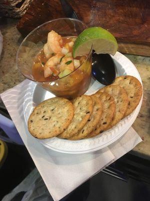 APPETIZER:
 
 Mexican Shrimp cocktail. 
 
 Served with crackers and lime.