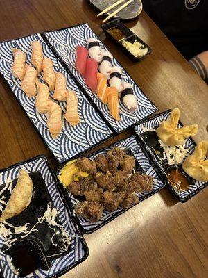 Nigiri: Seared salmon, tuna, octopus Apps: Gyoza, chicken karaage, and crab ragoon