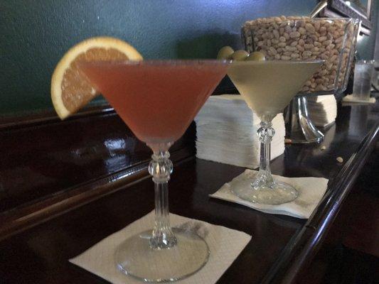 Orange crush martini in the front, dirty martini in the back