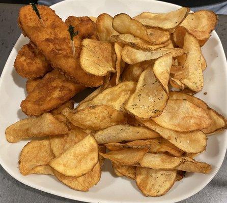 Chicken fingers and homemade chips.