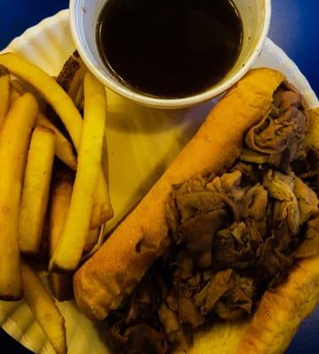 Italian Beef, au jus, and fries.