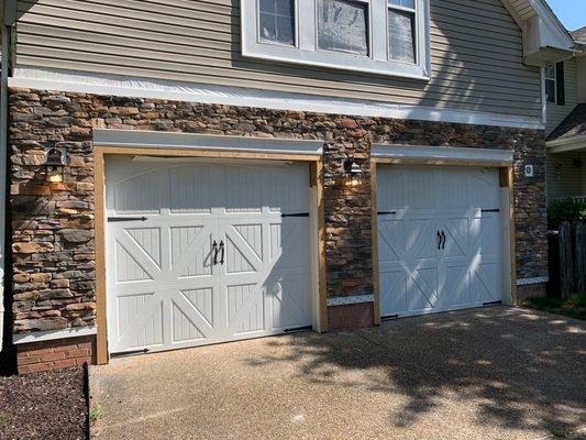 New doors installed March 2021. Note: the unfinished areas are not related to the garage doors