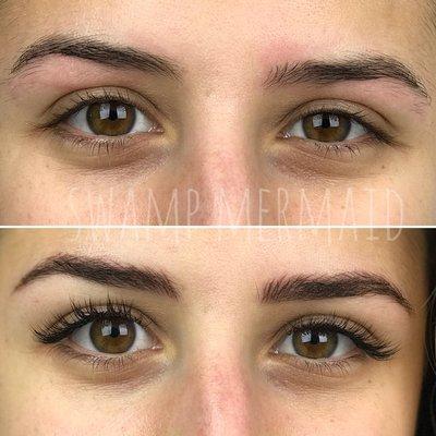 This before and after shows off Jody's microblading and Atealia's lash extension work.