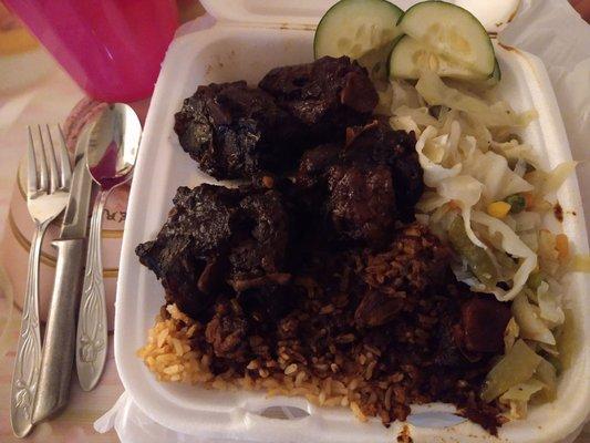 Oxtails, Rice and Peas, Cabbage