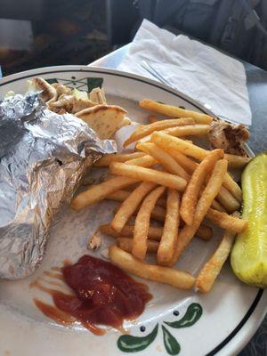 Souvlaki wrap and fries.