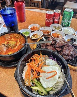 Galbi (beef short ribs), pork neck bone stew, and hot stone pot bibimbap.