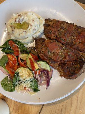 Meatloaf, garlic mashed potatoes, freshly sauté veggies.