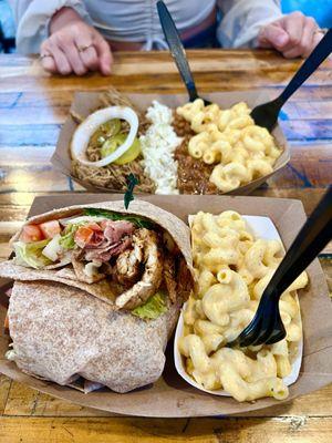 Blackened chicken wrap with mac n cheese