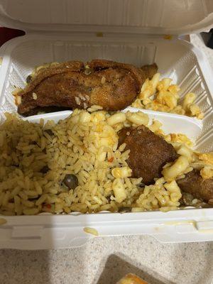 Fried Chicken Dinner (leg & thigh) with rice and peas, and macaroni and cheese