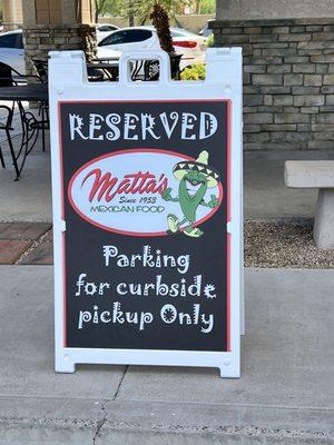 Reserved parking to pick up your to go food.