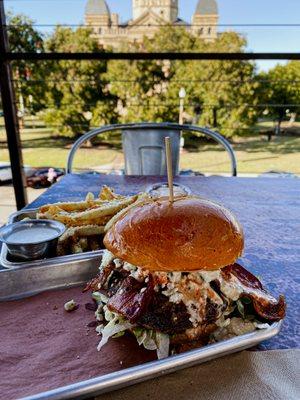 Stevie Burger & Garlic Parm Herb Fries (with a view of the Courthouse)