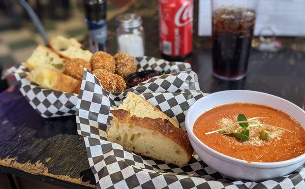 Erie Street Kitchen and Venice Cafe today for a hot bowl of Tomato Parmesan soup, Deep Fried Goat Cheese Balls and good bread.