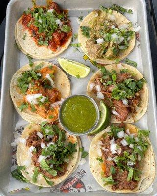 Taco Sampler: 2 shredded beef, pork with salsa verde, pork belly, pork Colorado, carnitas