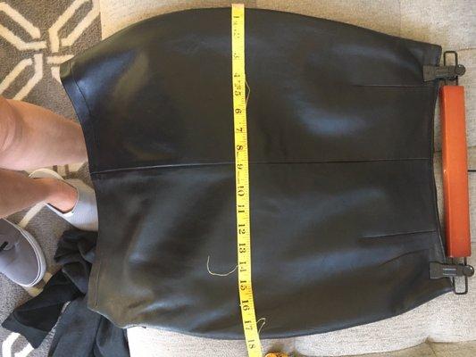 Leather skirt with center seam now off-center. Looks silly on.