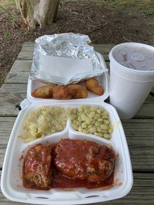 Meatloaf butter beans cabbage and hush puppies