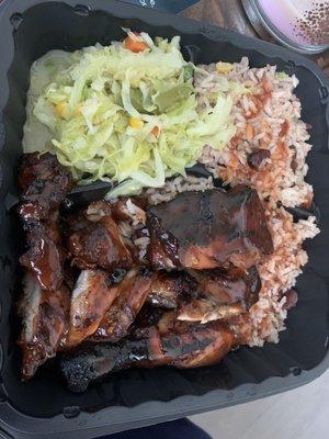 Sweet Jerk Chicken, Rice & Peas, Steamed Vegetable.