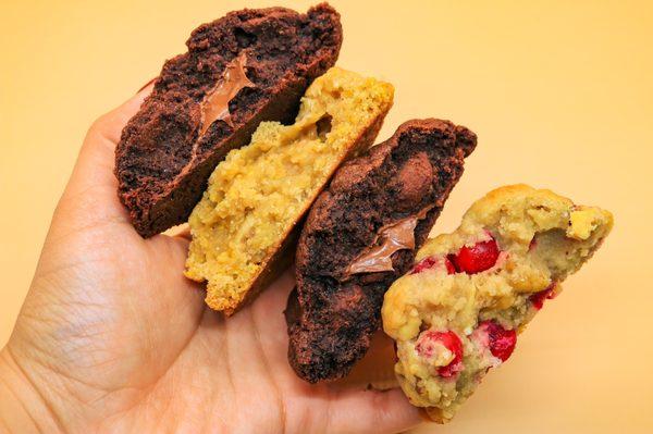 Thick Gooey Cookies. Here's just a couple flavors: triple chocolate; cornbread cookie; cranberry and macadamia nut