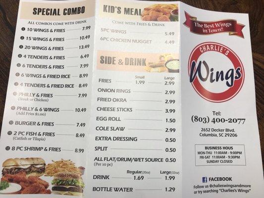 Menu and spacious dinning area. I think I found the cheapest hot wings place in Columbia.