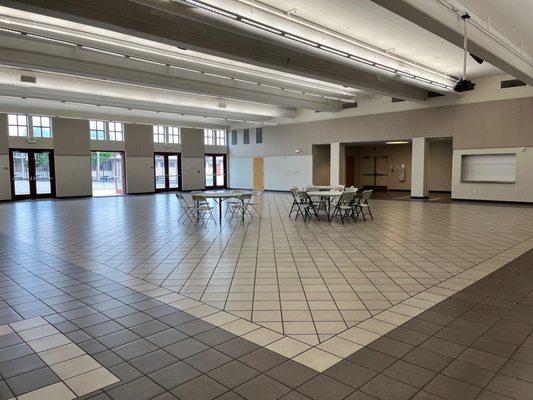 View from the left side of the stage, facing the Donworth Hall entrance.