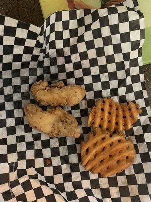 2 out of the 3 tiny chicken finger baskets and waffle fries