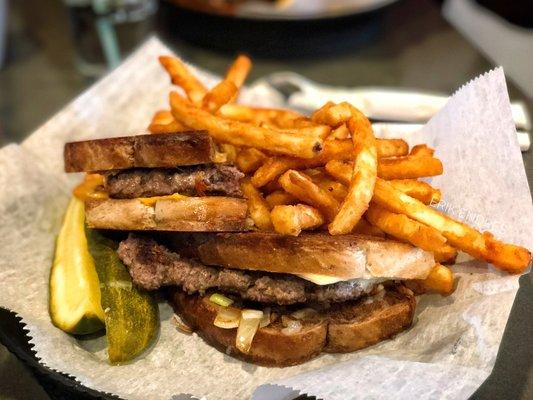 Three cheese grilled patty melt with battered fries ($9.50)