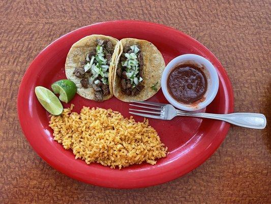 Carne asada street tacos; side of rice