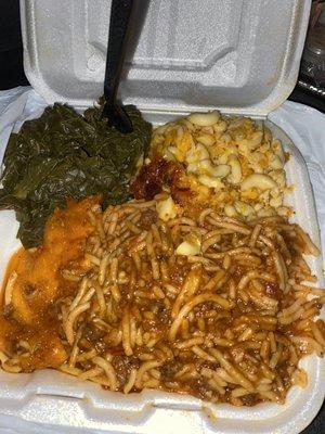 Spaghetti with a side of greens and mac and cheese