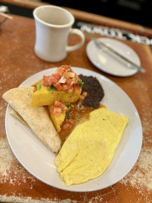 High Mesa Polenta with flour tortilla and Impossible sausage