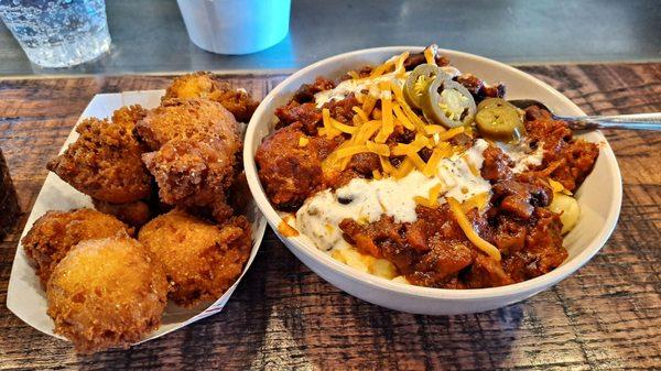 Chili mac and hush puppies