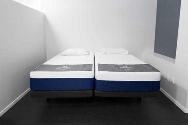 Our recently updated nap room showcases our adjustable beds in a Split King configuration.