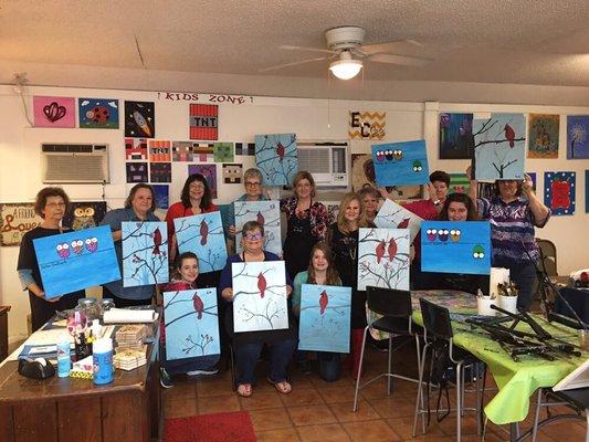 Birthday party celebration & the painting selection was beautiful. Who doesn't love a red bird?