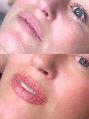 Lip blush healed after first appointment. A touch up is needed to perfect the color. Lip blush heals to a light blush of color!