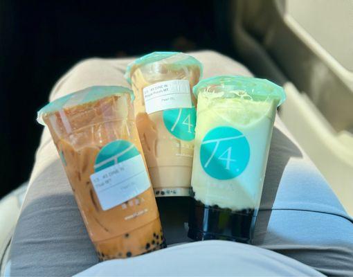 Thai tea, royal milk tea, and avocado smoothie - all with small boba. Yum!