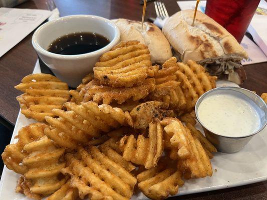 French dip (mushrooms added) and waffle fries