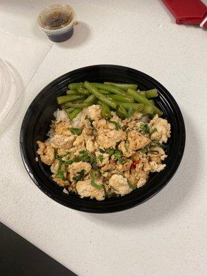 Thai Basil Chicken w/Jasmine rice and garlic green beans