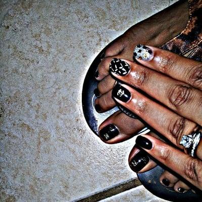 More Bday nails...CHANEL nails black, white, silver & gold.