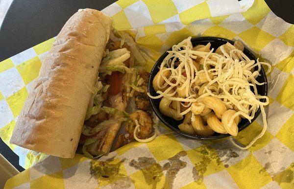 Shrimp po boy and pasta salad