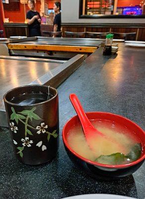 Miso soup and hot tea with hibachi