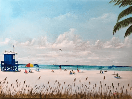 #148116 - "Meeting At The Blue Lifeguard Stand" - 18"h x 24"w