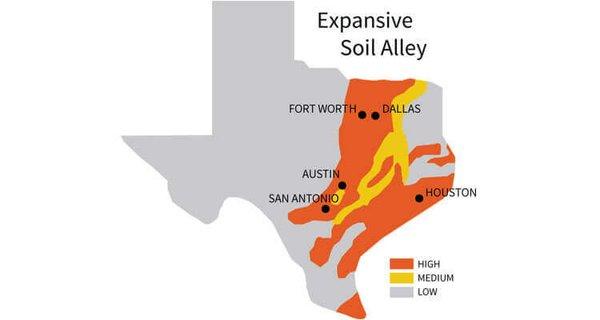 Map of where the most expansive clay soils are in Texas. Clay soils swell and shrink depending on moisture level.