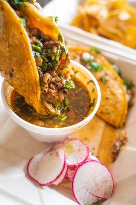 Chessy birria tacos + consome