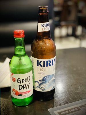 Cold Kirin and Peach Soju