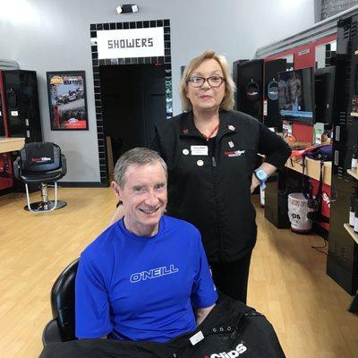 Teresa at Sports Clips doing a championship haircut!